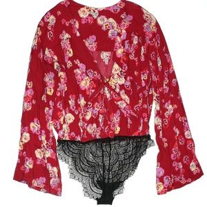 Red Floral Free People Bodysuit Size S